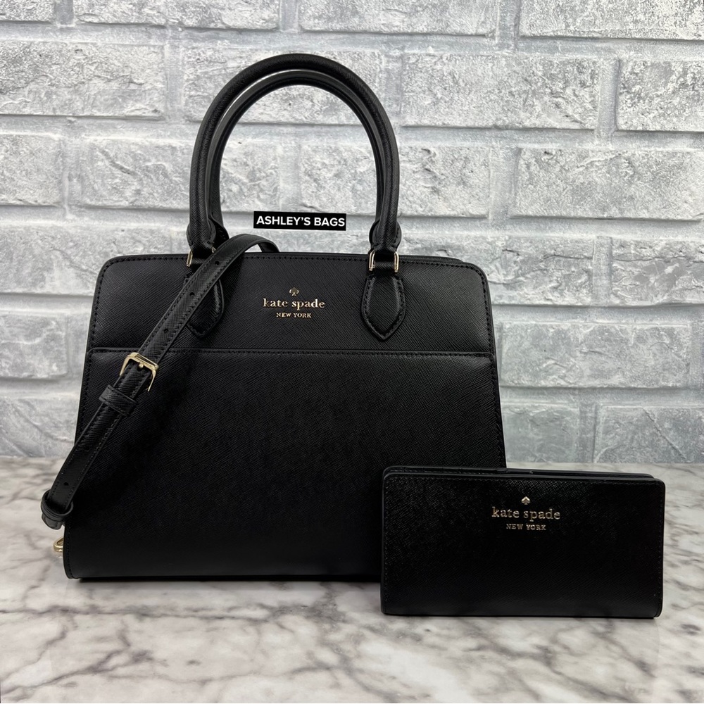 Kate Spade Madison Medium Satchel & Large Slim Bifold Wallet In Black - Picture 1 of 15